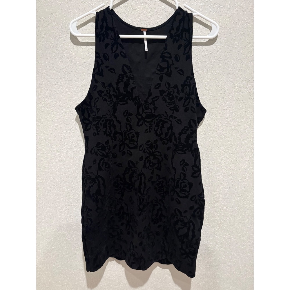 Free People Black Floral Burnout Velvet V-Neck Mini Dress Large Sleeveless Rose